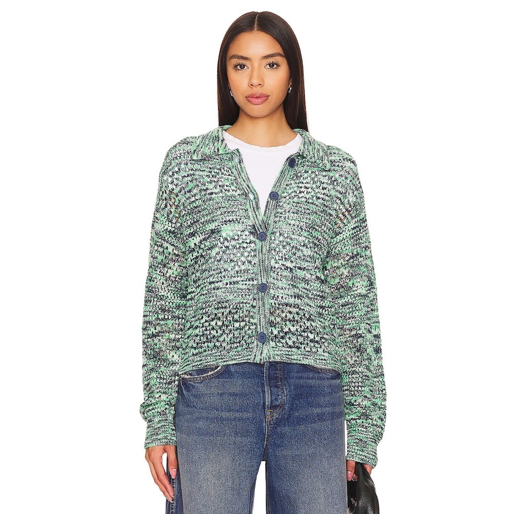 MONROW Space Dye Crochet Cardigan Sweater XL Green Marl Chic Grannycore Slouchy